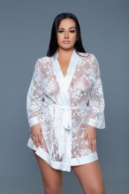 2275 Delia Robe Floral Lace Robe with Satin Trimming (Color: White, size: 3X)