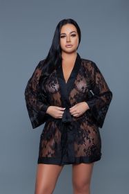 2275 Delia Robe Floral Lace Robe with Satin Trimming (Color: Black, size: S)